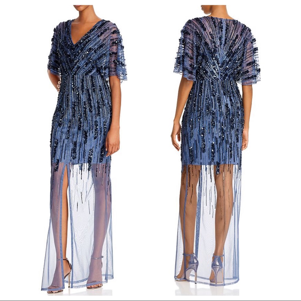 Aidan Mattox Sequin Flutter Sleeve w Sheer Skirt